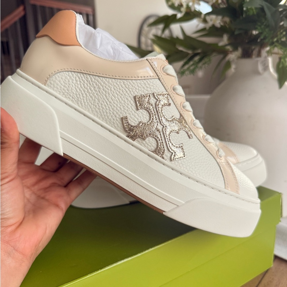 New Tory Burch Signature Color Block Platform Leather Sneaker White Gold